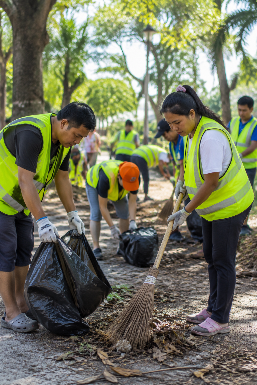 Filipino workers participating in the DOLE TUPAD emergency employment program during a community clean-up activity